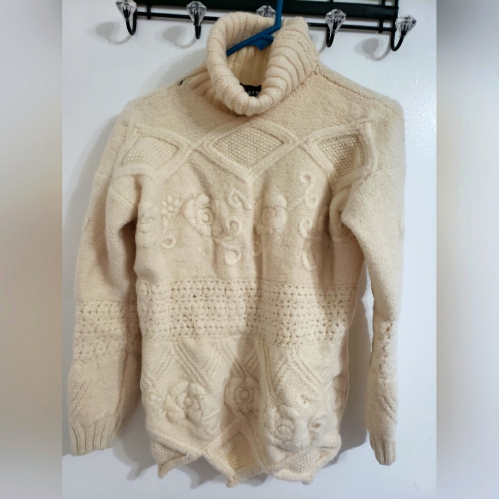 Vintage 90s Roberta Freymann 100% Wool Ivory Long Sleeve Turtleneck Chunky Knit
